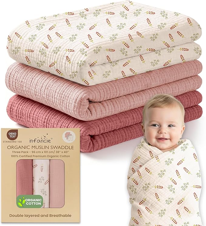 100% Organic Cotton Muslin Baby Blanket 3 Pack - Breathable Swaddle, Hypoallergenic Double-Layer, Versatile Use (Pink, Floral, Rust, 38x40 Inch)