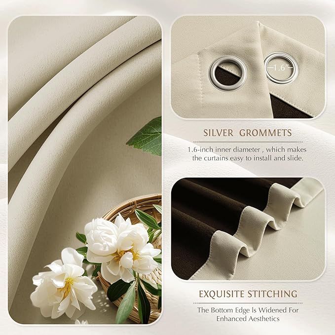Beauoop 100% Blackout Curtains 96 Inch Long 2 Panels for Bedroom Living Room Beige Solid Room Darkening Thermal Insulated Soundproof Energy Saving Grommet Top Window Treatment Drapes,52x96, 2 Set