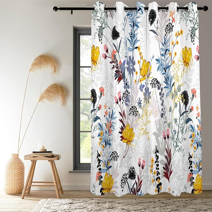 Renaiss Botanical Plants Blackout Curtains, Wild Flowers Plants Print Thermal Insulated Bedroom Window Curtains, Boho Floral Window Drapes for Living Room, 63" L x 42" W 2 Panel Set
