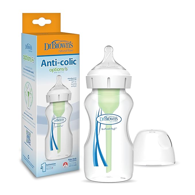 Dr. Brown’s Natural Flow Anti-Colic Options+Wide-Neck Baby Bottle, 9 oz/270 mL, Level 1 Nipple, 1-Pack, 0m+