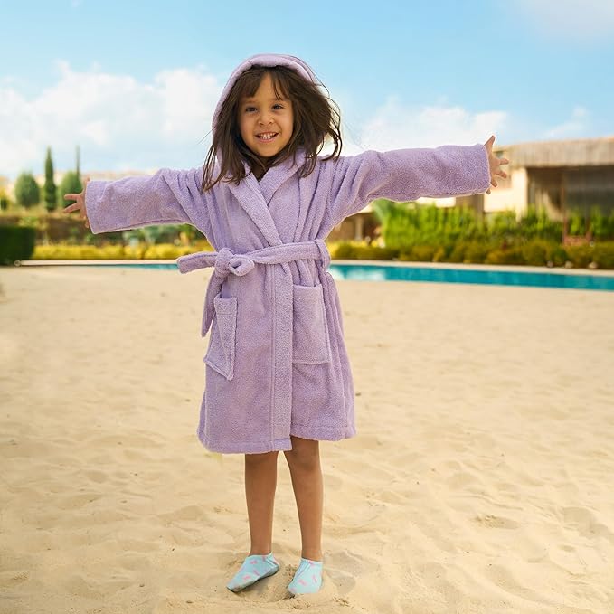BAGNO MILANO Kids Organic Turkish Cotton Hooded Beach Cover-Up Towel, GOTS Certified, for Boys and Girls (Purple, 5-6 Years)