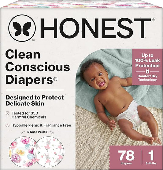 The Honest Company Comfort Dry Disposable Diapers for Sensitive Skin, Hypoallergenic, Rose Blossom + Tutu Cute, Club Box Size 1 (8–14 lbs), 78 Count