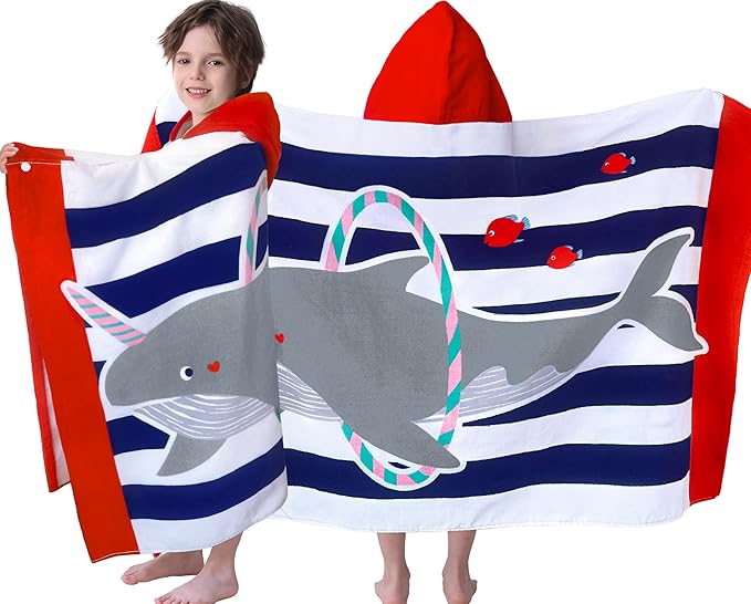 VOOVA & MOVAS Hooded Beach Towel for Kids,(3-8 Years, 30''X50),Absorbent 100% Cotton Towel Wrap for Boys, Perfect for Toddler Beach, Pool, Bath, Swimming, Hula-Hooping Narwhal