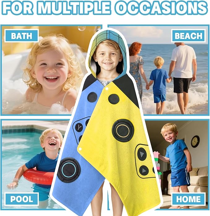 Hooded Towels for Kids- Ultra Soft 100% Cotton Video Game Gamepad Toddler Hood Bath Towels/Pool Terry Towel Beach Poncho Wrap Absorbent Cute Bath & Swim Wrap for Boys & Girls 3-10 Years