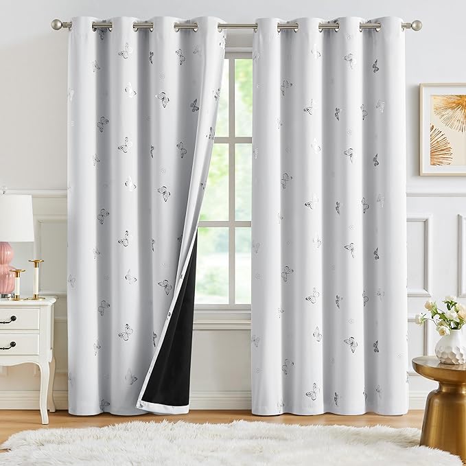 Jubilantex White Silver Butterfly Blackout Curtains 84 Inches Long for Bedroom Kids Bedroom Nursery Floral Print Window Curtains Grommet Top,2 Panels
