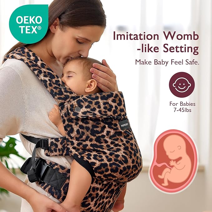 Momcozy Baby Carrier - Ergonomic, Cozy and Lightweight Carrier for 7-45lbs, Effortless to Put On, Ideal for Hands-Free Parenting, Enhanced Lumbar Support, Purehug for Infant to Toddler, Leopard