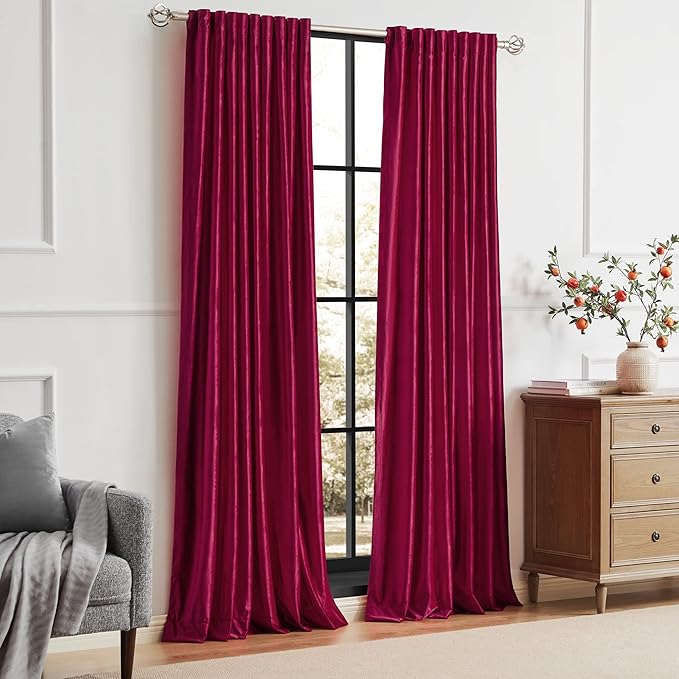 PRIMROSE Red Curtains 96 inch for Living Room Velvet Drapes Blackout Rod Pocket Back Tab Window Treatment Semi Room Darkening Decor Curtains for Bedroom Set of 2 Panels