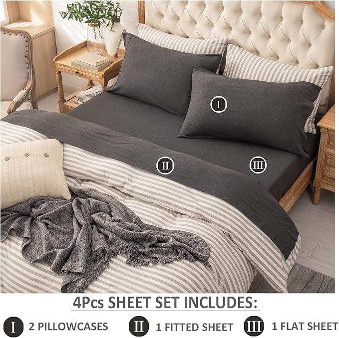 PURE ERA Jersey Knit 4pc Bed Sheet Set 100% T-Shirt Heather Cotton Super Soft Comfy Breathable Fits Mattress Up to 20" Extra Deep Pocket (Charcoal Dark Grey, Cal King)