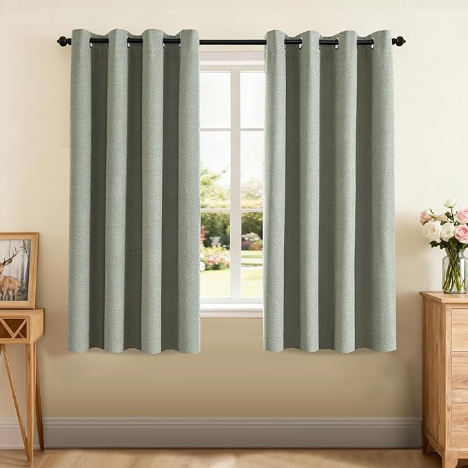 PrinceDeco 100% Blackout Curtains for Bedroom 63 Inches Long, Grommet Living Room Drapes, Thermal Insulated Blackout Curtains 2 Panels Set,Jacquard-Woven,55" W x63 L, Sage