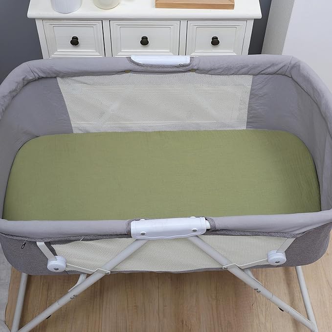 Onacosht Muslin Bassinet Sheets 3 Pack, 100% Cotton Baby Fitted Sheet 33" x 19" Compatible with Mika Micky, KoolaBaby (3 in 1), BabyBond, HARPPA and RICUTON Bedside Bassinet, Beige Green and Sky Blue