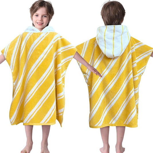 VOOVA & MOVAS Kids Hooded Poncho Towels (4-8Years,27.5"x27.5"),100% Cotton Soft Absorbent Towel for Boys,Perfect for Bathroom | Pool | Beach | Swimming, Jacquard Yellow Stripe