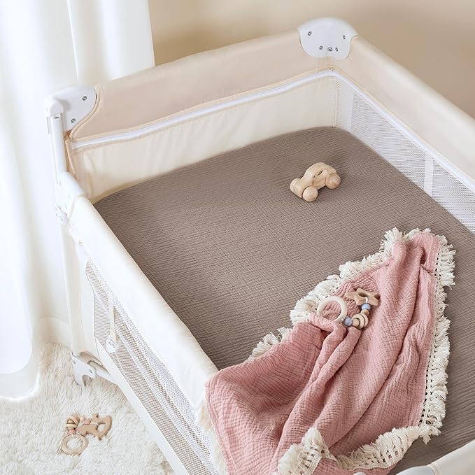 TILLYOU Muslin Mini Crib Sheets 2 Pack, Pack and Play Mattress Sheets Fitted for Pack N Play, 38 x 26 Sheet for Toddler, Grey Brown and Light Brown