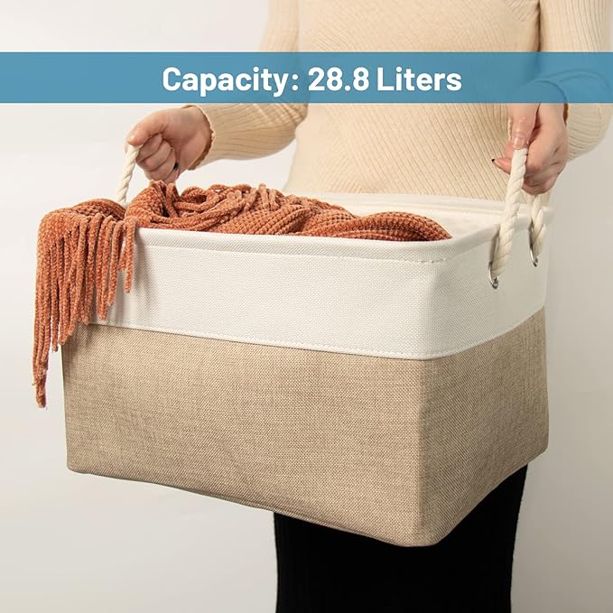 HOdo Home Storage Bins, Fabric Bin with Drawstring Closure and 2 Bold Handles, Collapsible Large Canvas Baskets for Organizing Shelf Nursery Home Closet (15.8×11.8×9.5 In/4-Pack, White and Yellow)