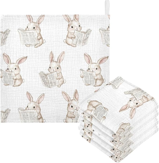 vvfelixl Bunny Reading Newspapers Baby Burp Cloths Baby Muslin Washcloths for Boys Girls Cotton Babys Face Towel for Newborn Infants Soft and Absorbent 11.8 X 11.8 in, 5 Pack