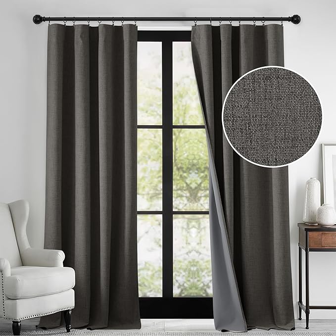 RYB HOME 100% Blackout Linen Textured Curtains 84 inches Long, Thermal Insulating Privacy Energy Saving for Bedroom Living Room Window Office Theater Baby Nursery, W 52 x L 84 in, Grey, 2 Panels