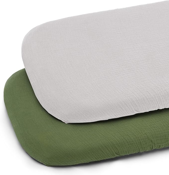 PET REJOIR Muslin Bassinet Sheet for Baby Boy and Girl-2 Pack 17"x 33" Soft Bedside Bassinet Sheets Fitted for Rectangle, Round, Oval, Hourglass Mattress-Neutral Olive Green & Beige
