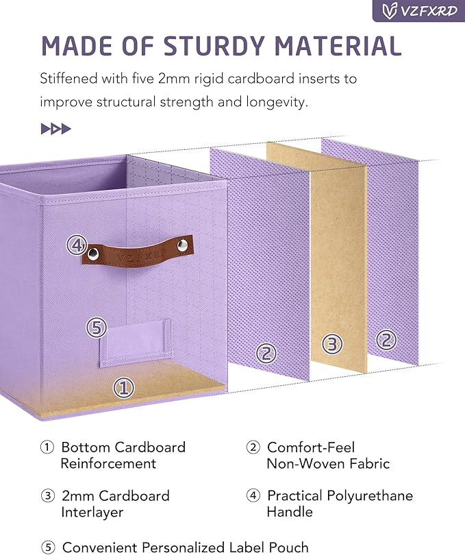 10.5 Inch Storage Cubes with Labels, 6-Pack Non-Woven Fabric Bins with Handles, Foldable Organizer for Closet, Shelf, Bedroom, Nursery & Home Organization (Purple)
