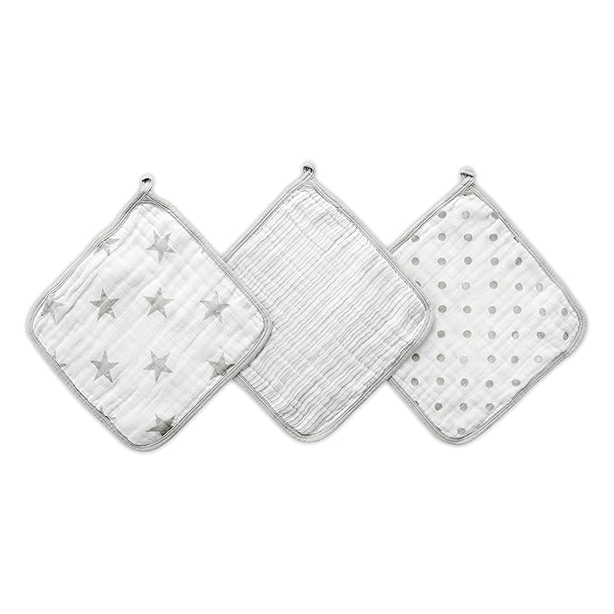 aden + anais Essentials Washcloth 3-Pack, Super Soft 100% Cotton Muslin, Gentle on Skin, 3 Absorbent 11x11 Layers, Softer with Every Use, Perfect for Babies, Infants, Toddlers, Damsel