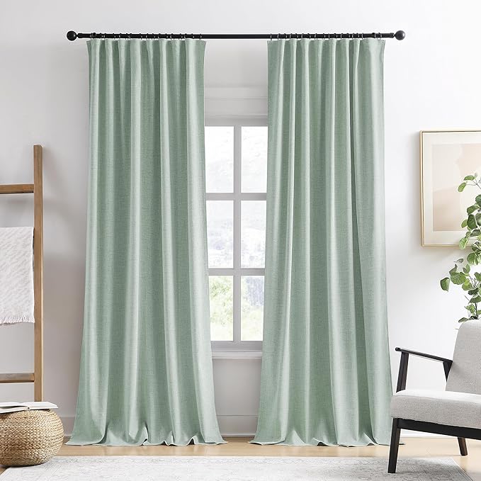RAIN CITY Light Green Linen Blackout Curtains 102 Inch Long for Living Room,2 Panels Pinch Pleated Drape with Hooks Back Tab Boho Decor, Textured Full Black Out Curtains for Bedroom 50 x 102