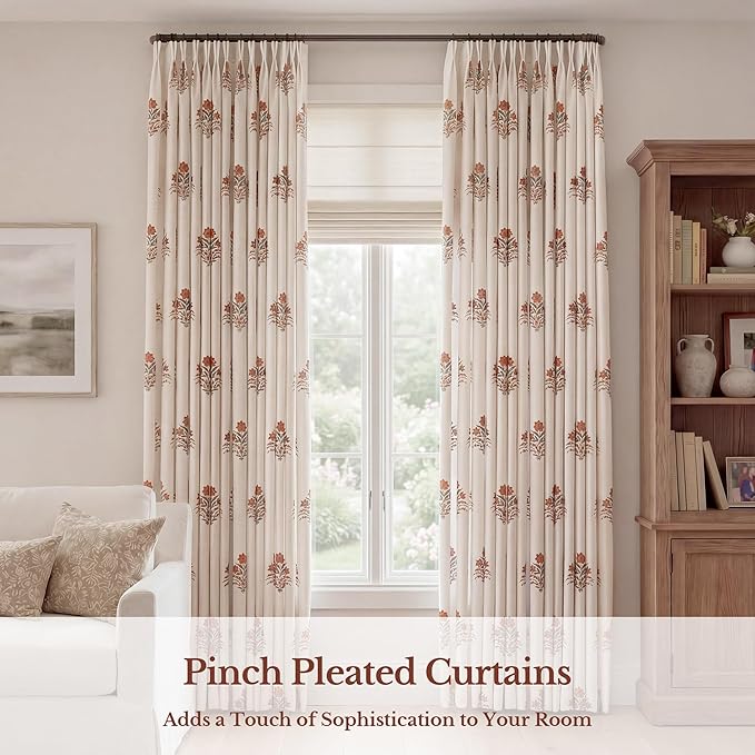 Pinch Pleated Curtains Light Filtering Red Floral Curtains for Living Room Bedroom Dining Room 102 Inches Luxury Linen Drapes Farmhouse Window Curtains with Hooks and Rings - 2 Panels Set, 40" x 102"