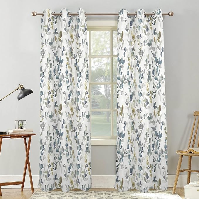 Renaiss Botanical Herbs Blackout Curtains, Vintage Eucalyptus Leaf Thermal Insulated Bedroom Window Curtains, Classical Gray Plants Window Drapes for Living Room, 108" L x 53" W 2 Panel Set