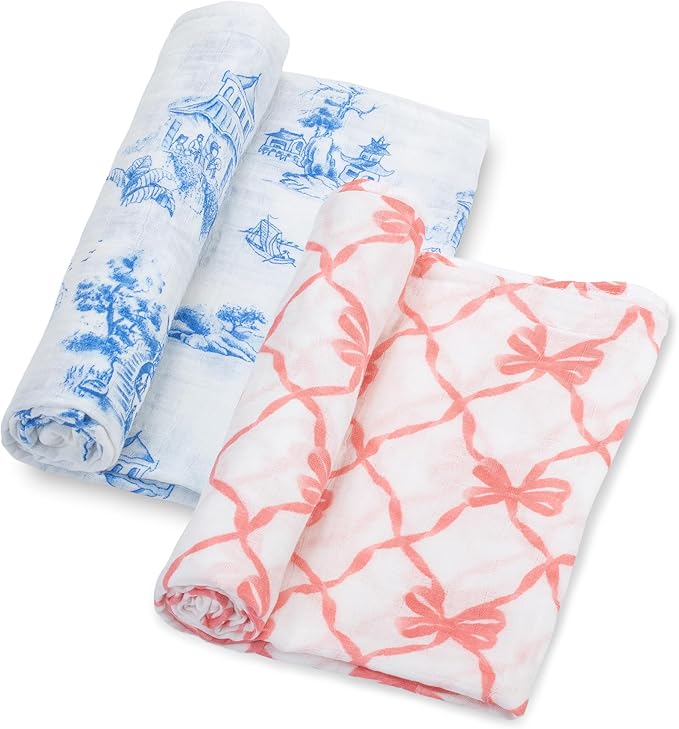 LollyBanks Muslin Swaddle Blankets 2PACK, 100% Cotton Baby Blanket 47 x 47 Inches, Large Baby Swaddle Breathable, Muslin Blankets for Girls (Pink Bow and Chinoiserie Print)