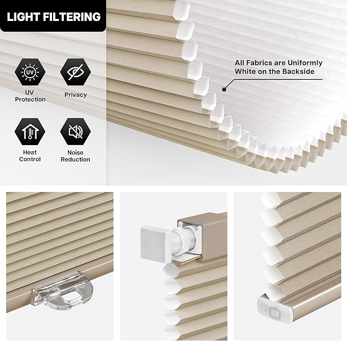 LazBlinds Cordless Cellular Shades, No Tools No Drill Light Filtering Honeycomb Shades Pleated Blinds for Windows, 30'' W x 48'' H, Taupe