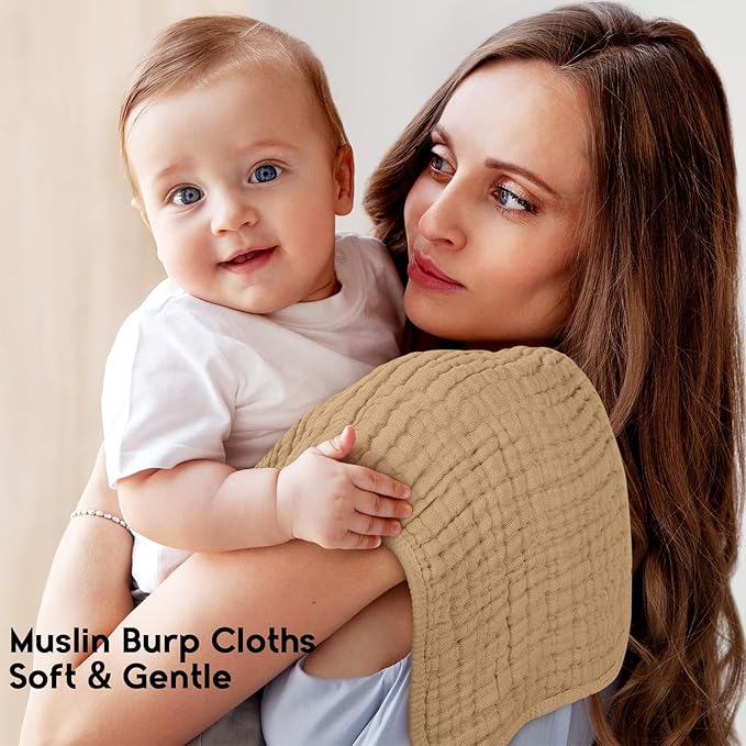 Unnivoll Muslin Burp Cloths for Baby 100% Cotton Burping Cloths for Boys Girls Large 20''X10'' Extra Soft and Absorbent 12 Pack - Gradient Khaki