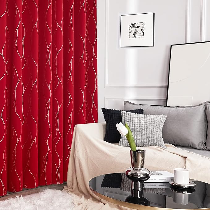 Deconovo Blackout Curtains, Christmas Red Curtain, Thermal Insulated Noise‑Reducing Drapes, Wave Line Dot Foil Print, 42 x 45 Inch, 2 Panels, Machine‑Washable Window Curtain for Home Party Living Room