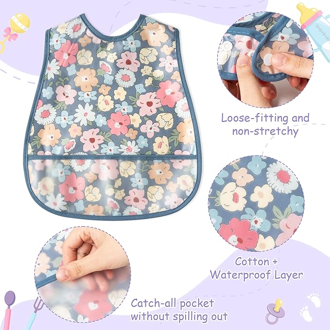 R HORSE 5Pcs Baby Bibs Set Toddler Bibs with Crumb Catcher Pocket & Snap Button Waterproof Baby Feeding Bibs for 6-24 Months