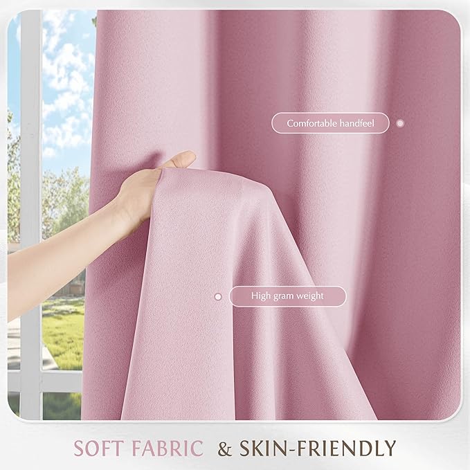 Beauoop Pink 100% Blackout Curtains 84 Inch Long 2 Panels for Bedroom Living Room Solid Room Darkening Thermal Insulated Soundproof Energy Saving Grommet Top Window Treatment Drapes, 52x84 2 Set