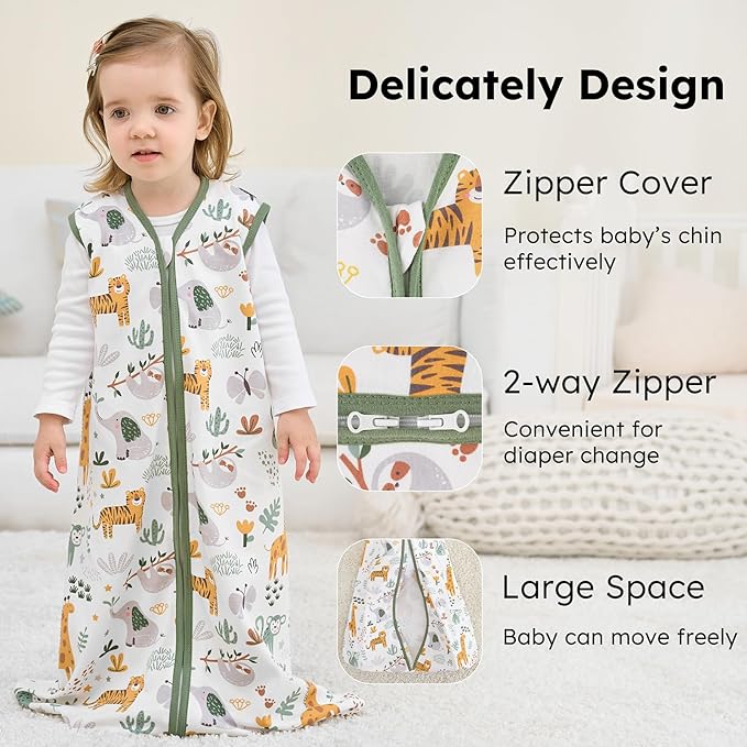 FIEMOL Baby Sleep Sack 0-6 months, 100% Cotton Sleeping Sack for Newborn and Infant, 3 Pack Baby Wearable Blanket for Boy and Girl, 0.5 Tog Lightweight Double Zipper Sleep Bag Green Brown Giraffe