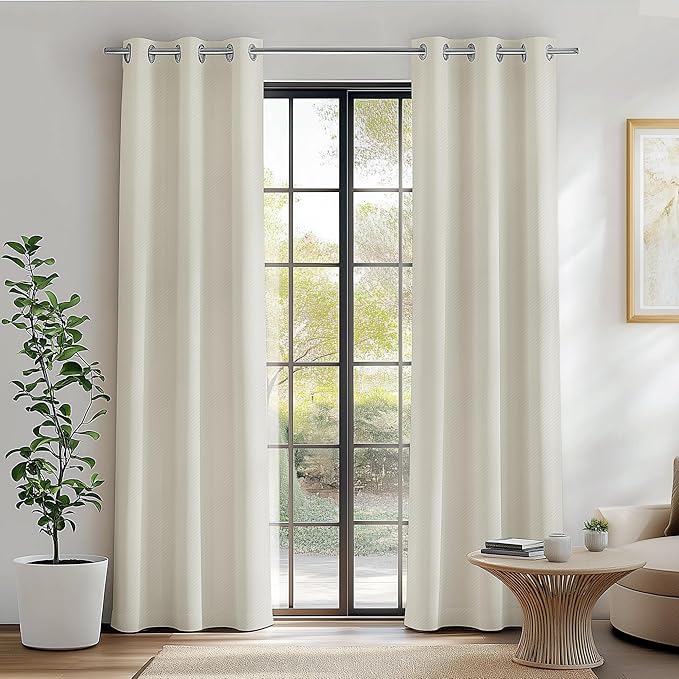 FMFUNCTEX 100% Blackout Curtains for Bedroom, Beige Curtains 84 Inches Long Textured Thermal Insulated Curtains for Living Room Drapes, Black Out Drapery Grommet Room Darkening 2 Panels, 40" W x 84" L