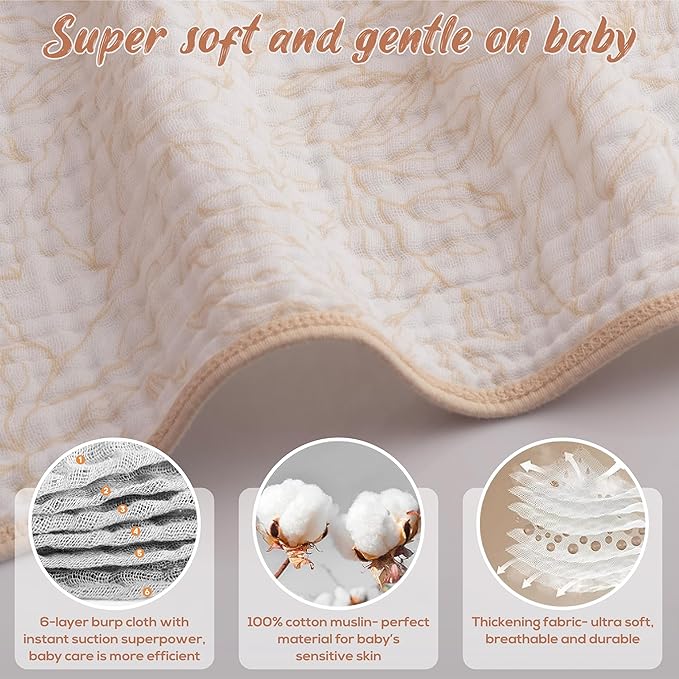LILY O LAUREL Muslin Burp Cloths, 20"x10"- Pack of 8, 6 Layers Super Soft Absorbent & Breathable 100% Cotton for Baby Drool and Messes, Burp Cloth Baby Boy and Burp Cloths Baby Girl
