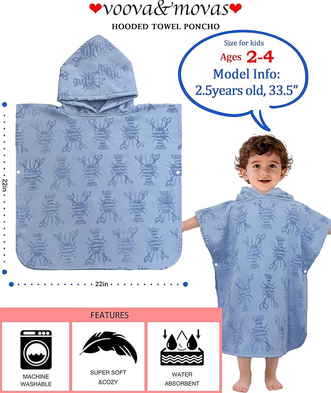 Toddler Bath Towels with Hood, Oversized (2-4Years,22"X22") Made from 100% Soft Cotton,Absorbent Hooded Poncho Towel for Baby Boy,Perfect for Pool | Swimming | Bath | Beach,Jacquard Blue Lobster