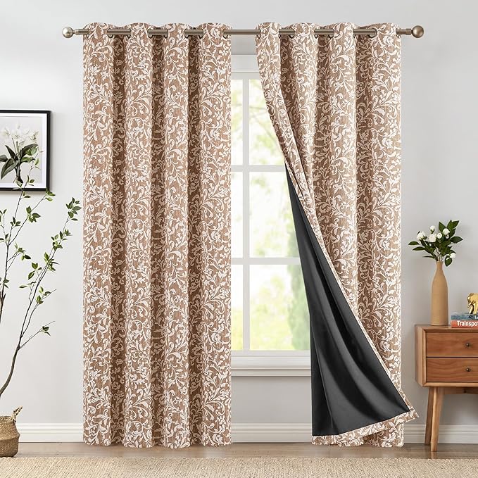 jinchan Blackout Curtains for Bedroom, Warm Taupe Scroll Floral Patterned Curtains 96 Inch Length for Living Room, Farmhouse Vintage Art Deco Drapes, Thermal Insulated Window Curtains Grommet 2 Panels