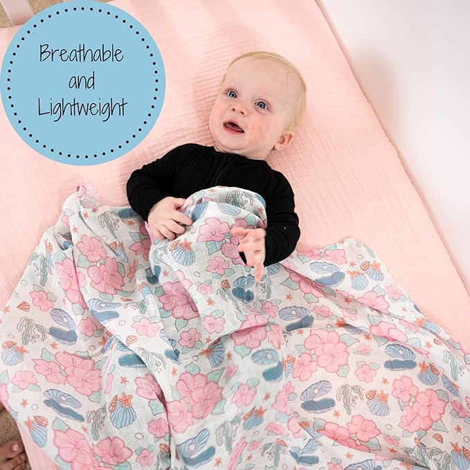 LollyBanks Baby Swaddle Blanket for Girls, 100% Cotton Soft and Breathable Muslin Swaddle Blanket 47 x 47 Inches, Lightweight Newborn Blankets, Baby Essentials Must Haves (Clams Flower Print)