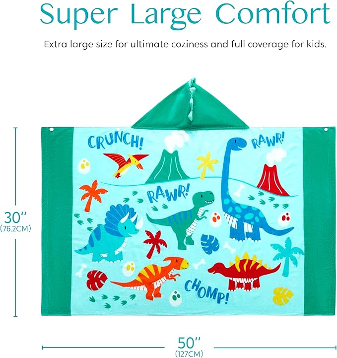 Joiedomi Dinosaur Hooded Towels for Kids Soft 100% Cotton Kids Beach Towel 30" x 50" for 3-10 Years Boy Girl Beach Hooded Poncho Absorbent Pool Toddler Swim Bath Wrap