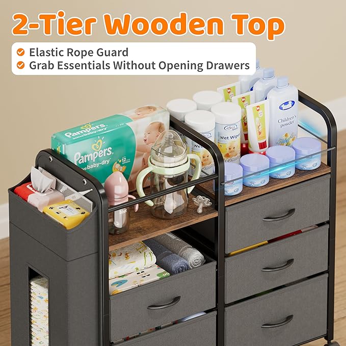 Baby Diaper Caddy Organizer Cart - Bedside Cart with Drawers & Side Storage, Nursery Essentials Stuff & Clothes Organization, 3 Tier Rolling Carts with Wheels for Nursery, Bedroom, Easy to Assemble