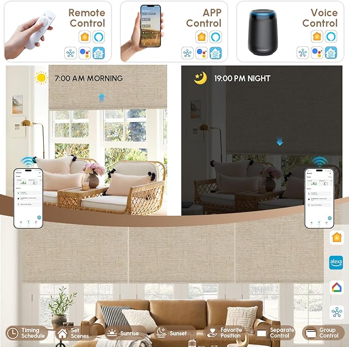 Kincmo No Drill Motorized Blinds with Remote, 100% Blackout Roller Shades for Windows, Custom Electric Blinds Compatible with Alexa, Apple Homekit, Google Home (100% Blackout Linen Caramel)