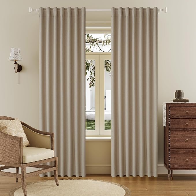 DUALIFE 100% Blackout Linen Taupe Curtains 84 Inch for Living Room Darkening, Bedroom Linen Drapes 84 Inches Long Rod Pocket/Back Tab Heat Blocking Bohemian Pleated Window Curtain(50"x84"x2)