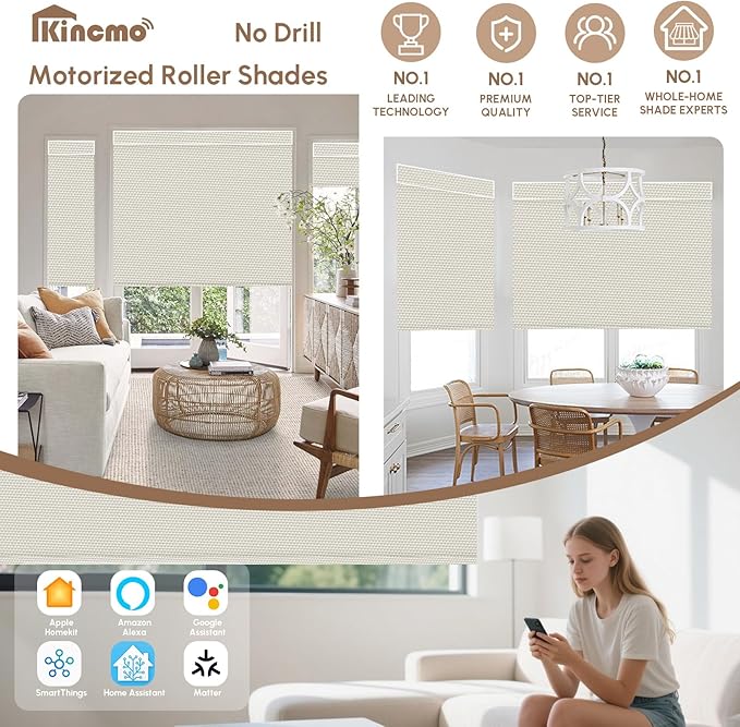 Kincmo No Drill Motorized Blinds with Remote, 100% Blackout Roller Shades for Windows, Custom Electric Blinds Compatible with Alexa, Apple Homekit, Google Home (100% Blackout Pure Cream)