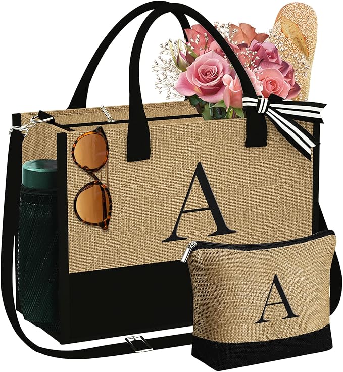 YOOLIFE Valentines Day Gifts for Her - Initial Jute Tote Bag & Makeup Bag, Birthday Gifts for Women Teacher Mom Wife Friend