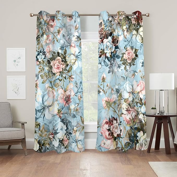 Renaiss Blue Rose Floral Blackout Curtains, Light Blue Watercolor Flowers Blossom Bedroom Window Curtains, Vintage Grommet Curtains for Kitchen 29W x 55L 2 Panels Set