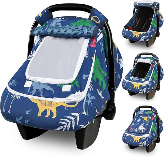 Hooyax Baby Car Seat Cover with Dual Zipper, Extra Large Mesh Window Carseat Canopy, All-Season Weather Protection for Infant Car Seats & Strollers (Dinosaur)