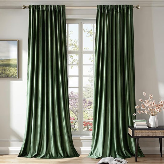 PRIMROSE Emerald Olive Green Velvet Curtains 84 inch Long for Living Room,Set of 2 Panels Blackout Rod Pocket Back Tab Window Treatment Room Darkening Heavy Decorative Curtains Drapes for Bedroom