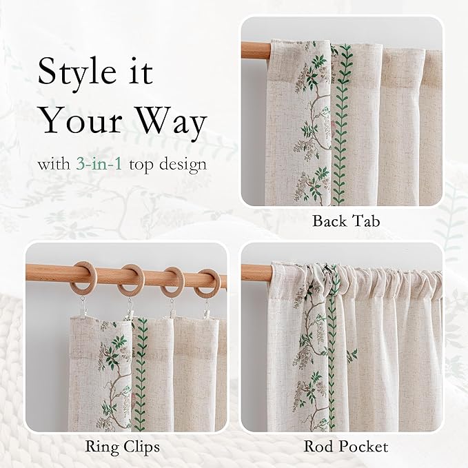MYSKY HOME Boho Linen Blend Curtains 84 inches Long for Living Room Leaf Bird Patterned Farmhouse Drapes Light Filtering Privacy Protect Soft Touch Treatment Back Tab for Home, 50" Wide, Green, 2 Pcs