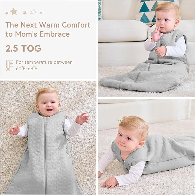 Unnivoll Baby Sleep Sack 12-18 Months TOG 2.5 Winter Baby Wearable Blanket, 100% Cotton Fabric Toddler Sleeping Sack 2-Way Zipper Quilted Baby Sleep Bag, Warm Soft Grey