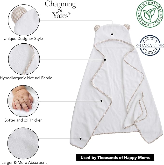Channing & Yates Premium Boutique Hooded Baby Towels and 6 Washcloth Set - Organic Viscose Made from Bamboo Baby Towel with Hood Gift Bundle (Beige Set)