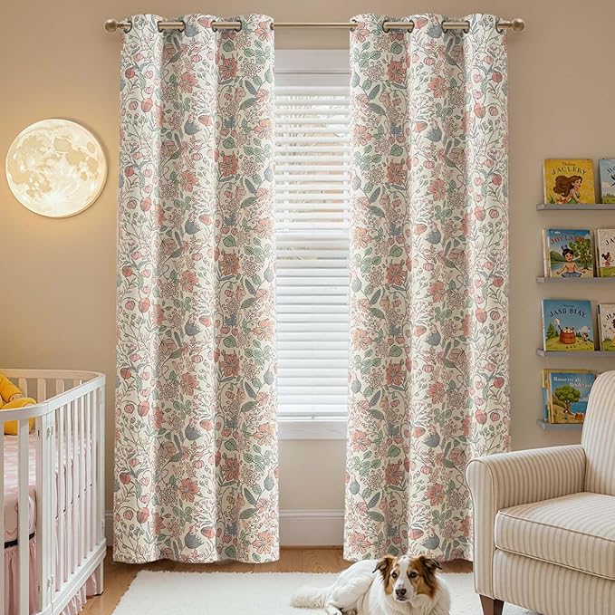 jinchan Nursery Curtains 95% Blackout Pink 90 Inch Long, Spring Floral Curtains for Girls Room, Farmhouse Country Drapes for Living Room, Room Darkening Window Treatments Grommet Top Set 2 Panels